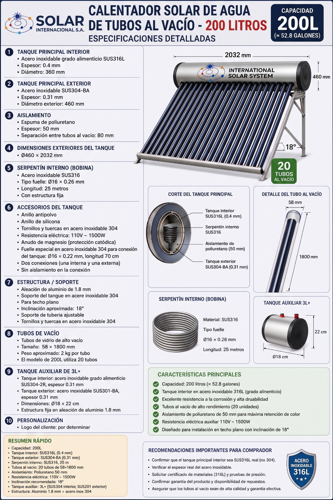 Especificaciones del calentador solar de tubos al vacío de 200 litros